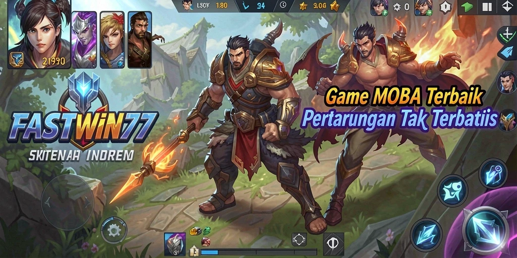 Screenshot gameplay FASTWIN77 menampilkan pertarungan seru antar tim MOBA.