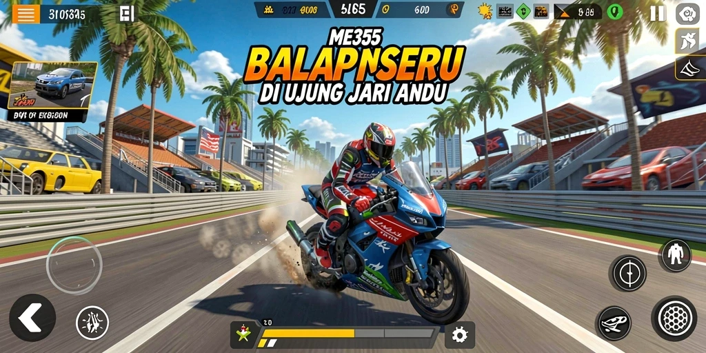 Screenshot utama ME355 menampilkan pemain balap motor di trek penuh tantangan.