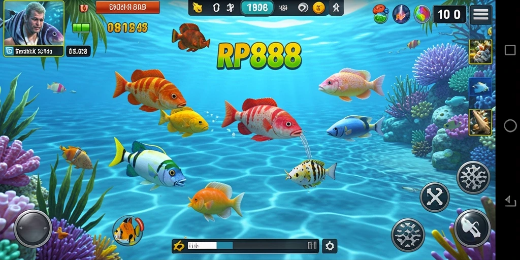 Tampilan gameplay menarik di RP888 dengan banyak ikan untuk ditangkap.